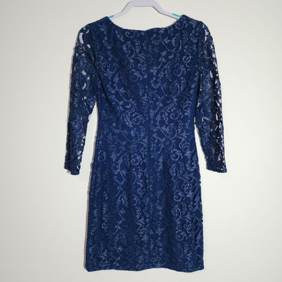 Lauren Ralph Lauren Womens Lace Sheath Dress Size 4 Blue V-Neck Holiday Party - Picture 2 of 9